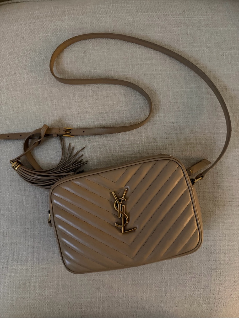 Saint Laurent Quilted Chevron Crossbody Bag in Taupe Brown with Gold Hardware